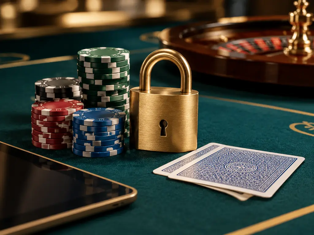 Gembok, kartu tertutup, dan chip casino di dekat perangkat