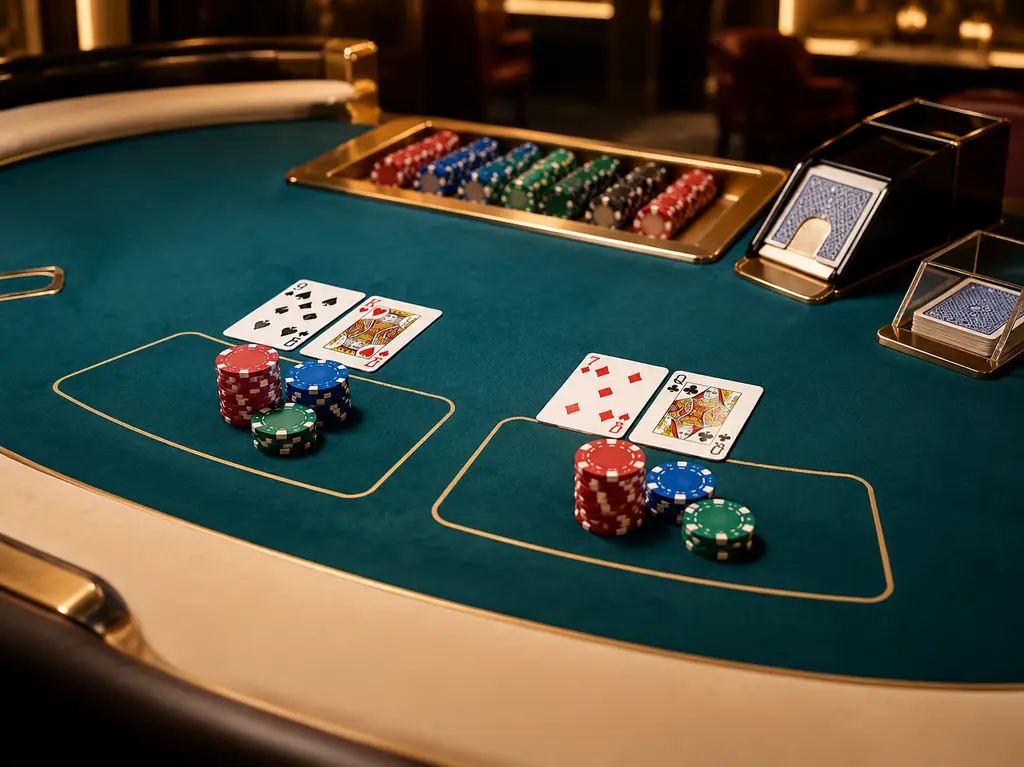 Kartu dan tumpukan chip di meja baccarat casino