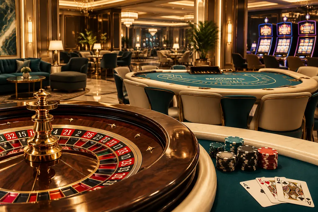 Meja roulette dan kartu di ruang casino bernuansa hijau tua dan kuningan