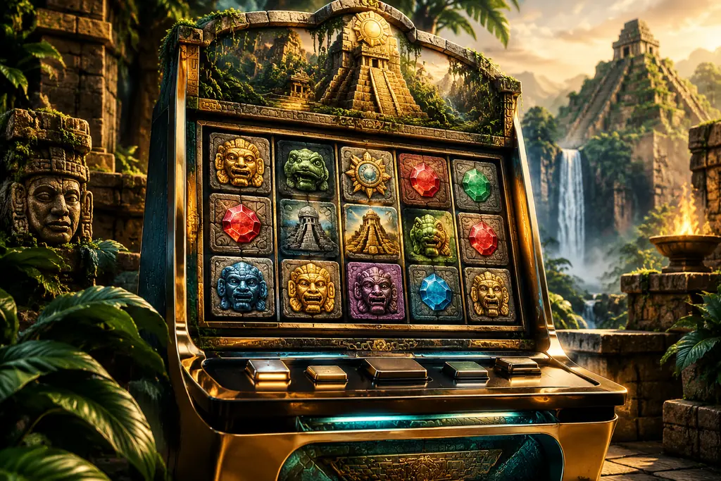 Mesin slot casino dengan balok batu dan latar kuil petualangan