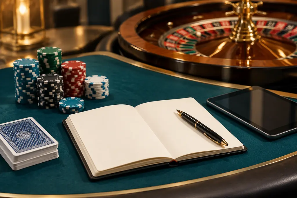 Buku catatan dan tablet di samping chip serta kartu casino