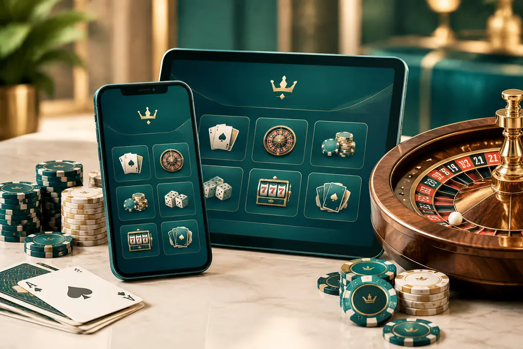 Ponsel dan tablet di samping chip serta roda roulette casino