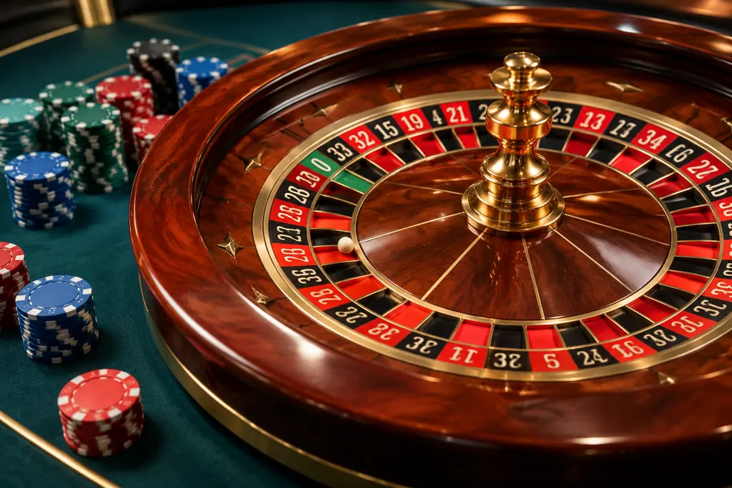 Roda roulette kayu dengan bola dan chip di meja casino