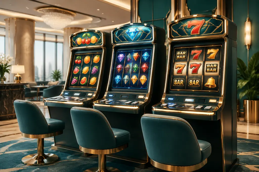 Deretan mesin slot casino dengan layar simbol berbeda