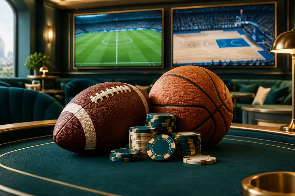 Ruang sportsbook casino dengan bola sepak, bola basket, layar pertandingan dan chip
