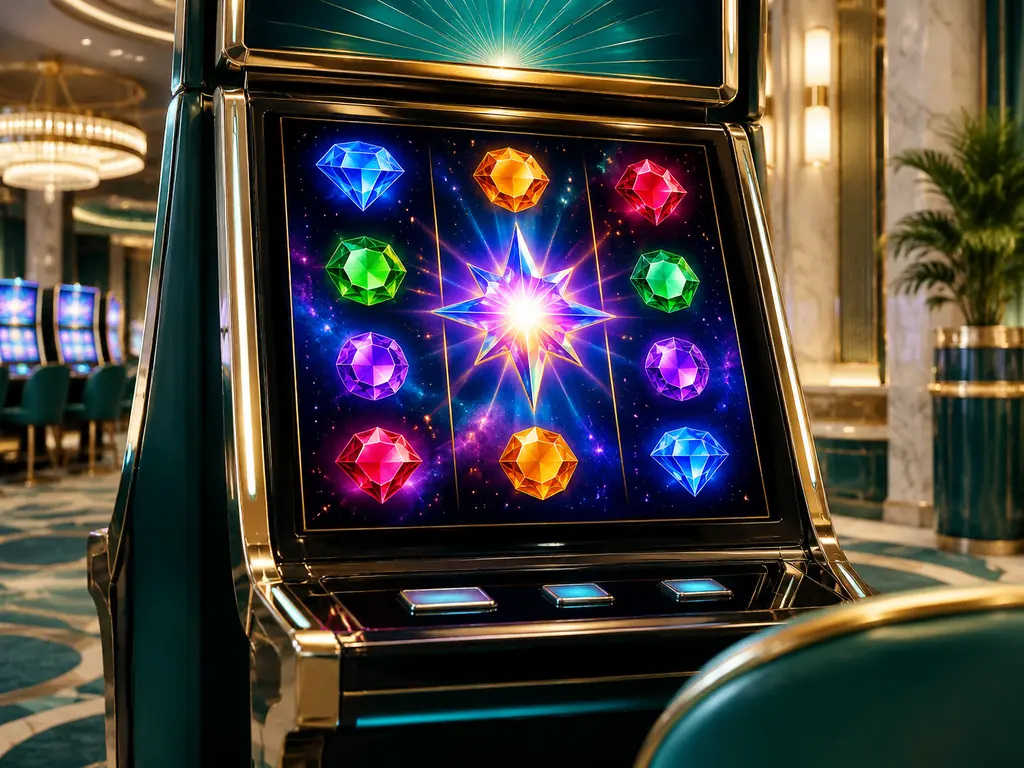 Permata berwarna dan bintang pada mesin slot casino bertema angkasa